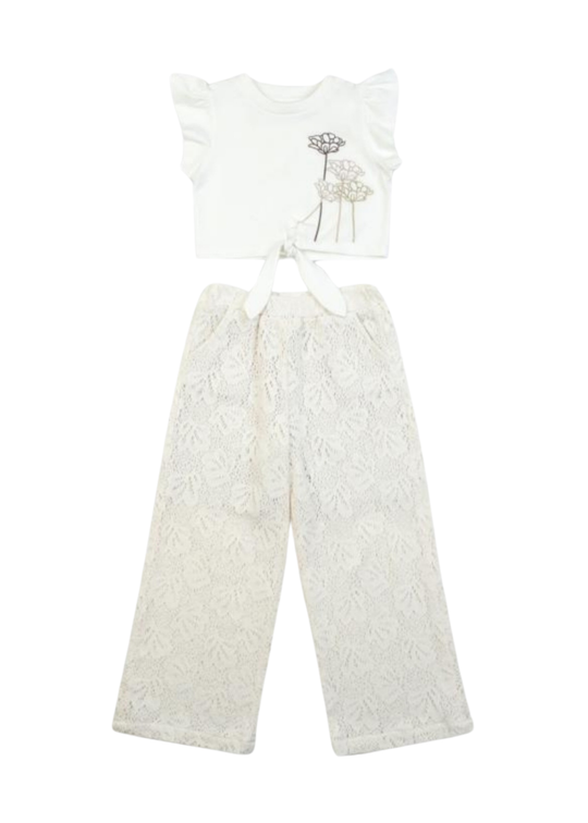 Set 2 Piese Tricou Crem cu Nod si Pantaloni Lungi Crem din Dantela 17231 Bebus