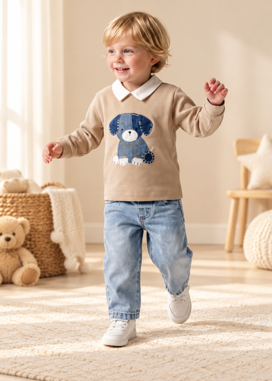 Set 2 Piese Bluza Bej cu Catel si Blugi pentru Baieti 4650 – MyMio