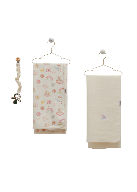 Set 3 Piese Pled din Bumbac Crem Imprimeu Roz, Pled din Muselina Frez si Suport Suzeta BTK2207 Mell Sweet Baby