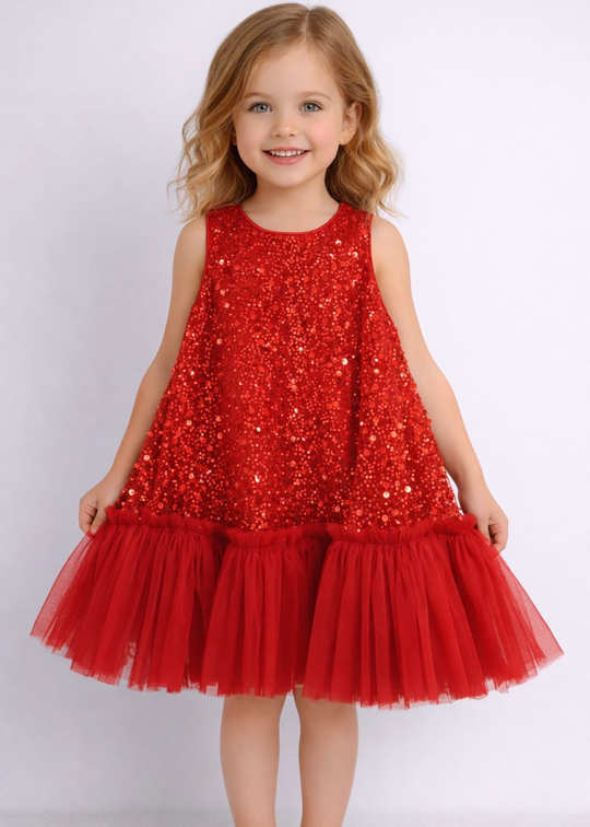 Red sequin ceremony dress with a straight cut and tulle ruffle art 3336 Mon Princess