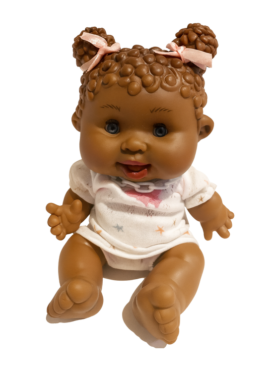 Papusa Parfumata Negresa cu Fusta Crem cu Imprimeu si Bluzita Roz - 26 cm - 0439 - Nines