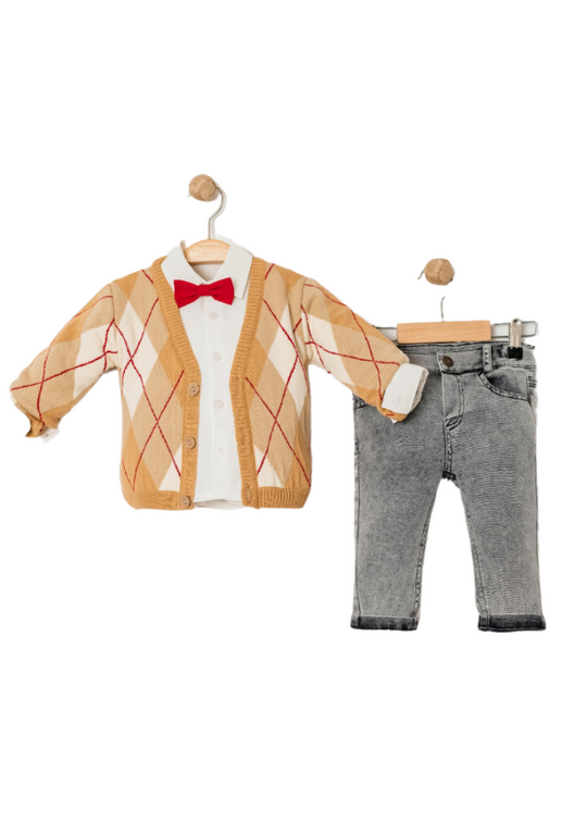 Set of 3 Pieces Beige Knitted Cardigan with Diamonds White Shirt and Gray Pants 15043 Bebus