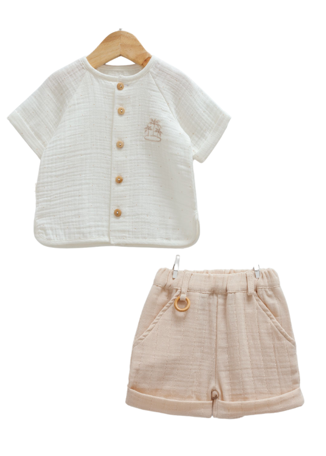 Set 2 Piese Muselina Bluza Crem si Pantaloni Scurti Bej 9765 Mell Sweet Baby