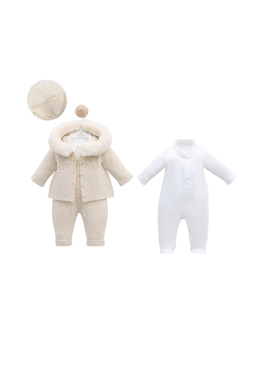 Set 3 Piese Bej Salopeta Lunga si Jacheta cu Lana Merinos cu Blana la Gluga si Salopeta Bumbac 9345 Leo King