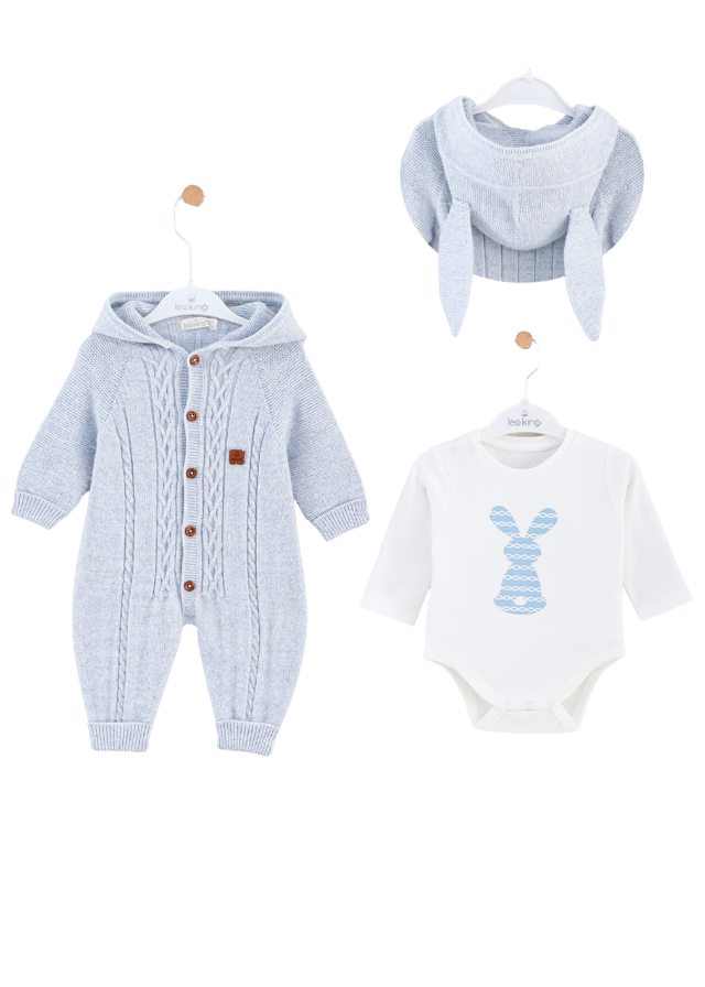 Set Combinezon Bleu din Lana Merinos cu Urechiuse si Body din Bumbac 9328 Leo King