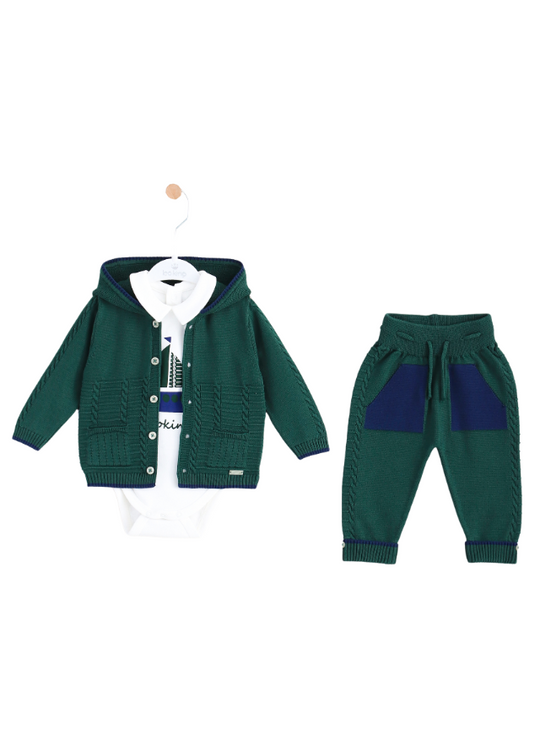3 Piece Set Green Knitted Hoodie and Pants and White Body with Vapor 8519 Leo King