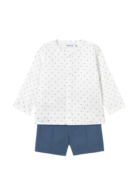 Set 2 Piese Camasa Alba cu Model Albastru si Pantaloni Scurti Albastri 1249 Mayoral