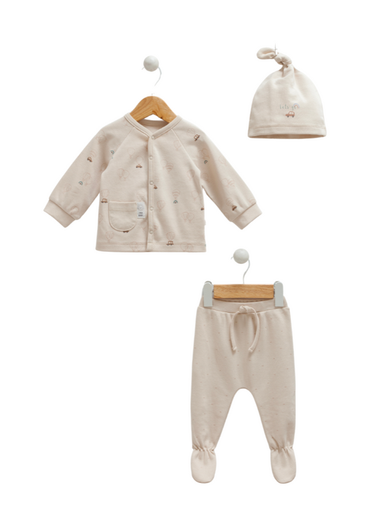 Set of blouse, pants and beige hat with Flying Cars print TKE1196 Mell Sweet Baby
