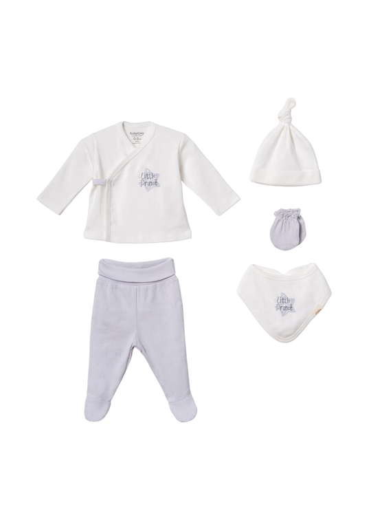 Set 5 Piese din Bumbac Organic Crem cu Gri Little Prince CSY4534 Baby Cosy
