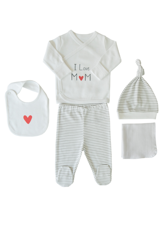 5 Piece Set Newborn Cream &amp; Gray Organic Cotton I Love MOM S10912 Kitikate