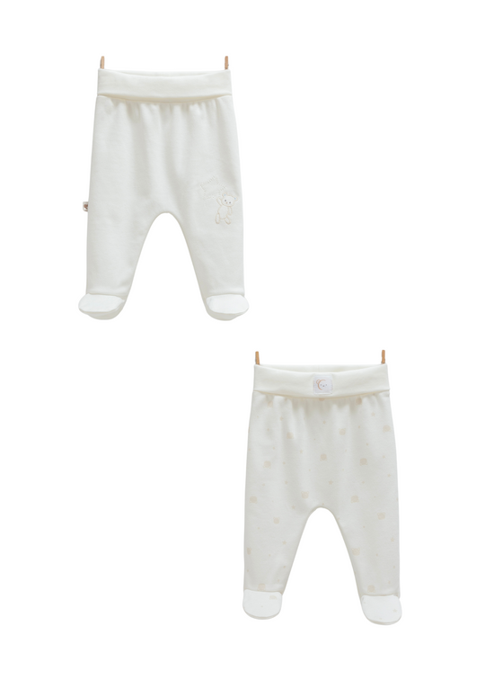 Set 2 Perechi de Pantaloni din Bumbac cu Picior Crem cu Ursuleti APE1465 Mell Sweet Baby