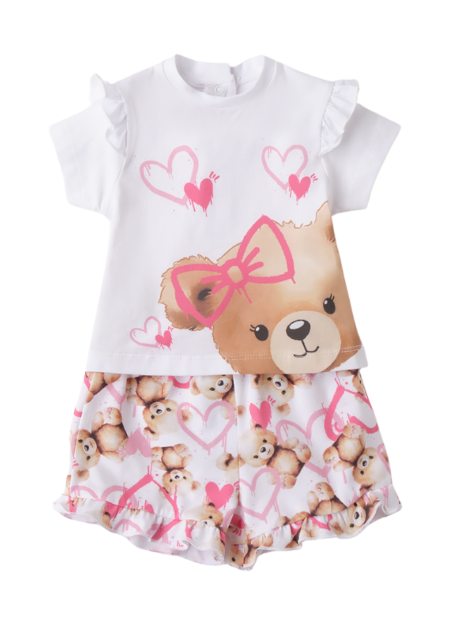 Set 2 Piese Tricou si Pantaloni Scurti Alb cu Imprimeu Ursi si Inimi Roz 3.B753/00 Minibanda