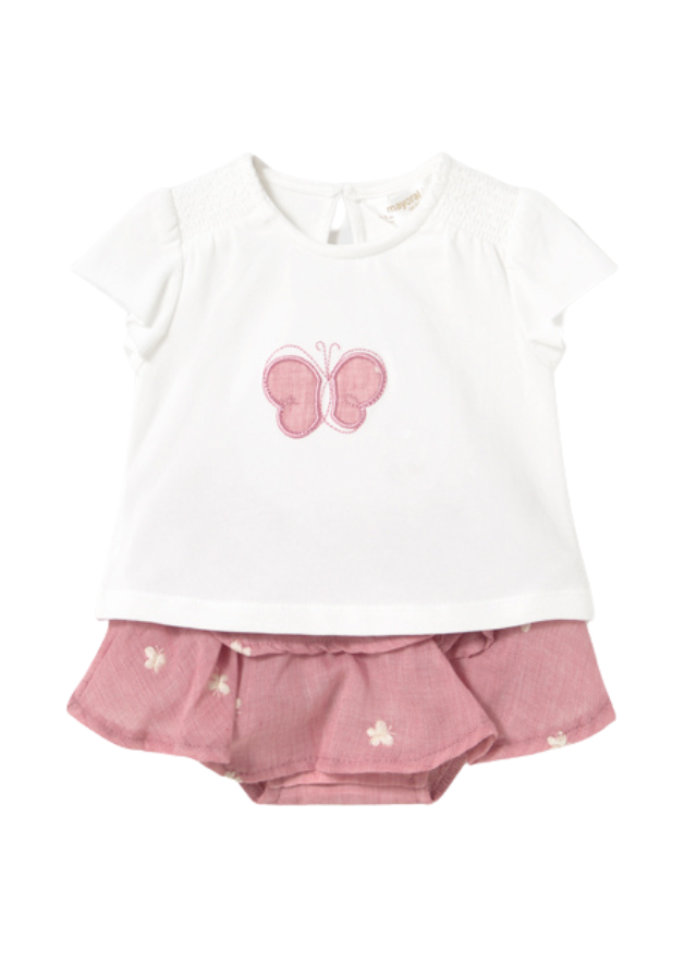 Set 2 Piese Tricou Crem si Chilotel cu Volane Roz Pudra cu Fluturi 1853 Mayoral