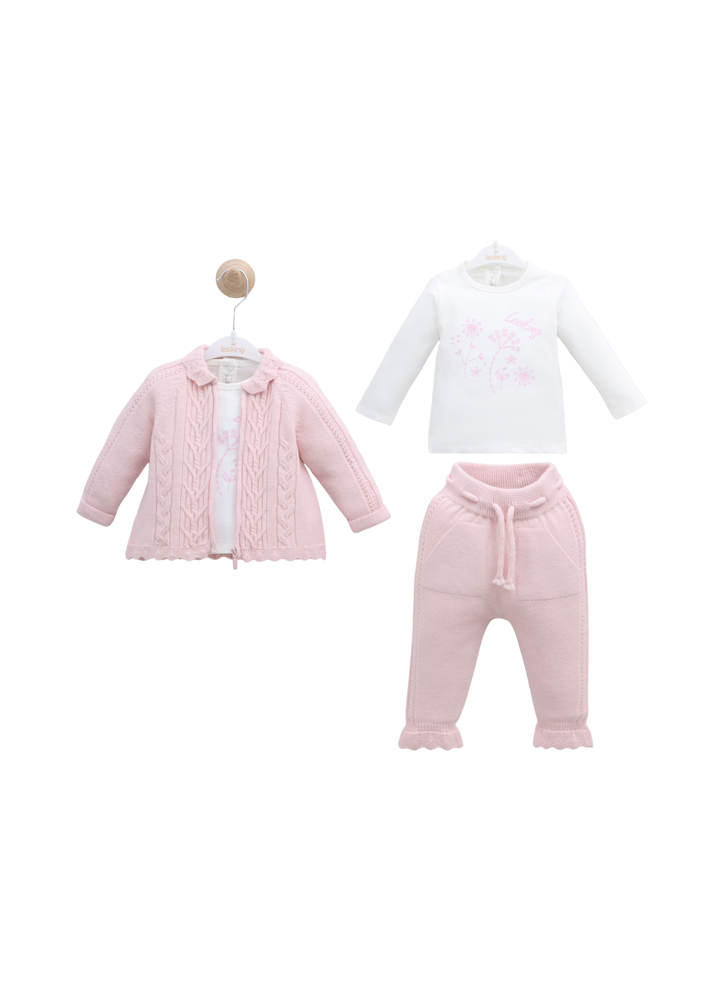 Set 3 Piese Jacheta si Pantaloni Roz cu Lana Merinos si Bluza Bumbac 9591 Leo King