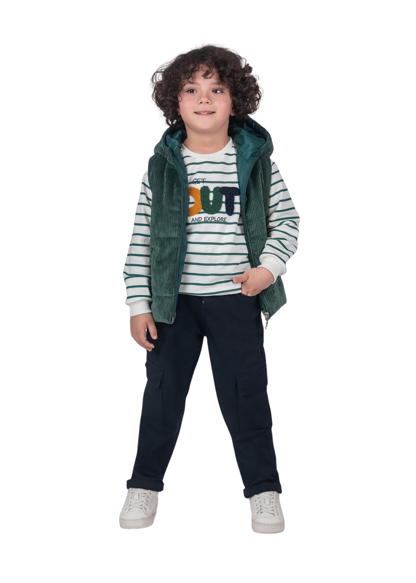 Set 3 Piese Vesta Reiat Verde cu Gluga Bluza Alba cu Dungi Verzi si Pantaloni Lungi Bleumarin 16307 Bebus