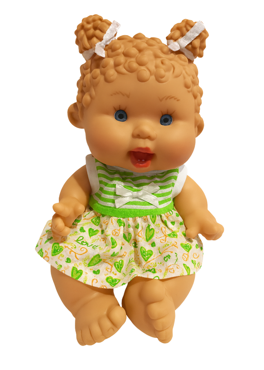 Papusa Parfumata cu Rochita Crem cu Dungi Verzi - 26 cm - 0444 - Nines