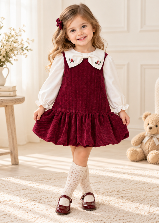 Set 2 Piese Sarafan din Catifea Reiata Grena cu Camasa Alba cu Guler Brodat cu Flori pentru Fete 3954 – Mino Baby