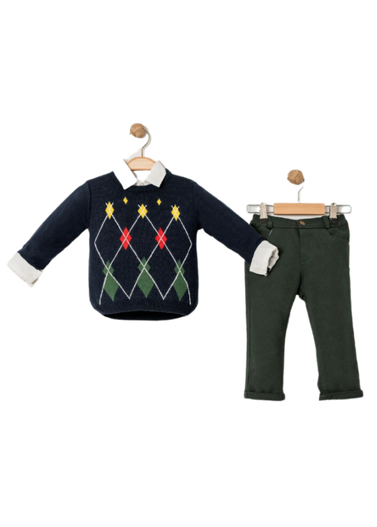 Set of 3 pieces Bleumrin sweater with yellow and red rhombuses, white shirt and green pants 15191 Bebus