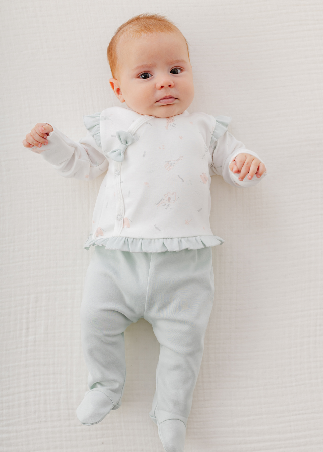 Set 2 Piese Bluza cu Capse si Pantaloni Crem cu Verde Menta AC25508 Andywawa