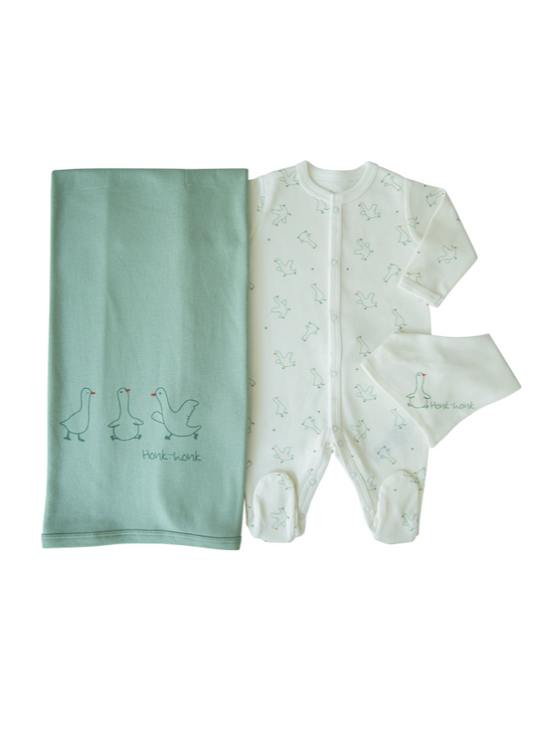 Set of 3 Pieces Long Cream Bib and Green Plaid Bib with Duck Print in Organic Cotton S43217 Kitikate