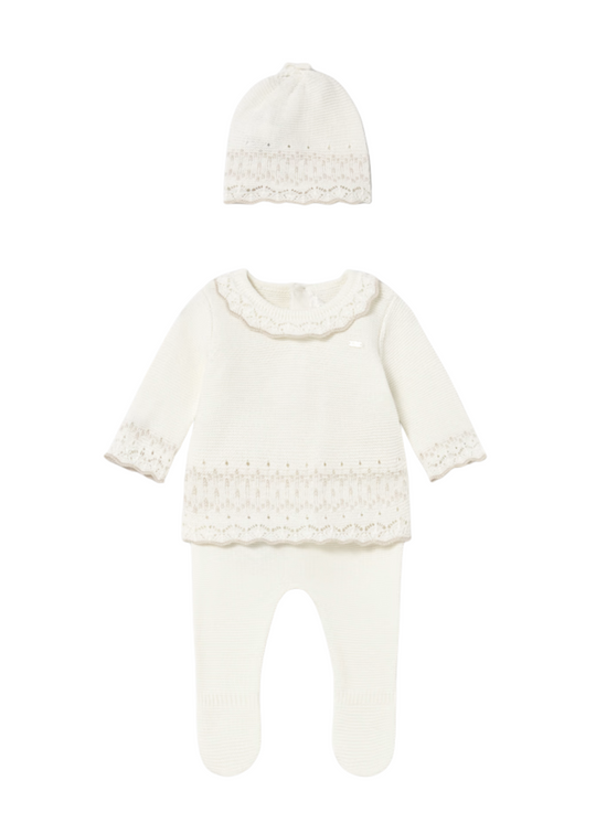 Set 3 Piese Tricotat Crem Bluza Pantaloni si Fes 2556 Mayoral