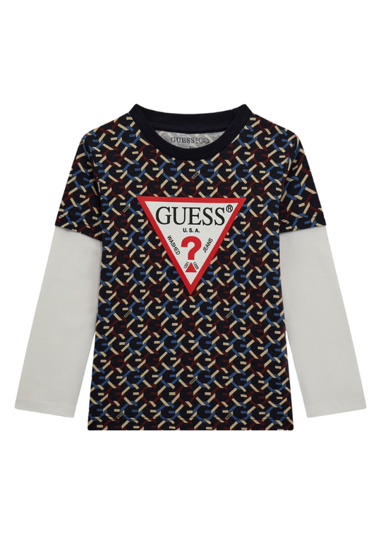 Long Sleeve Blouse with Blue and Beige Print with Logo N4BI07 I3Z13 P7P9 Guess