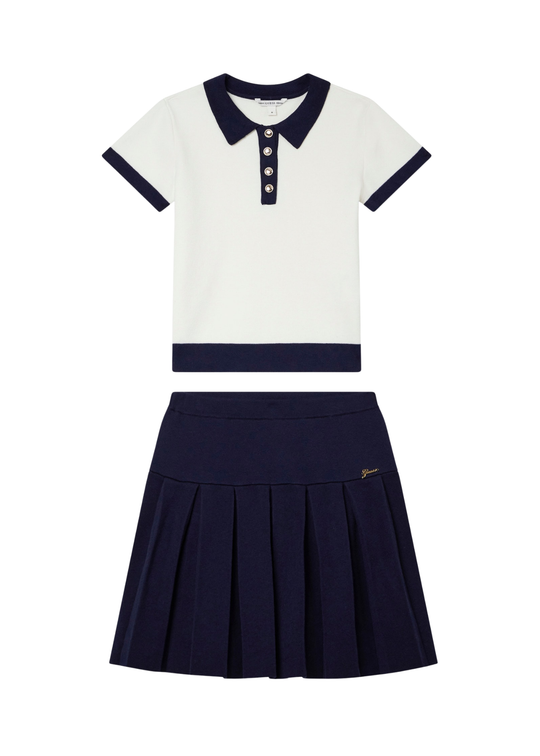 Set 2 Piese Tricotat Bluza Polo cu Maneca Scurta si Fusta cu Pliseuri Alb cu Bleumarin J6RG04 Z5260 G011 Guess