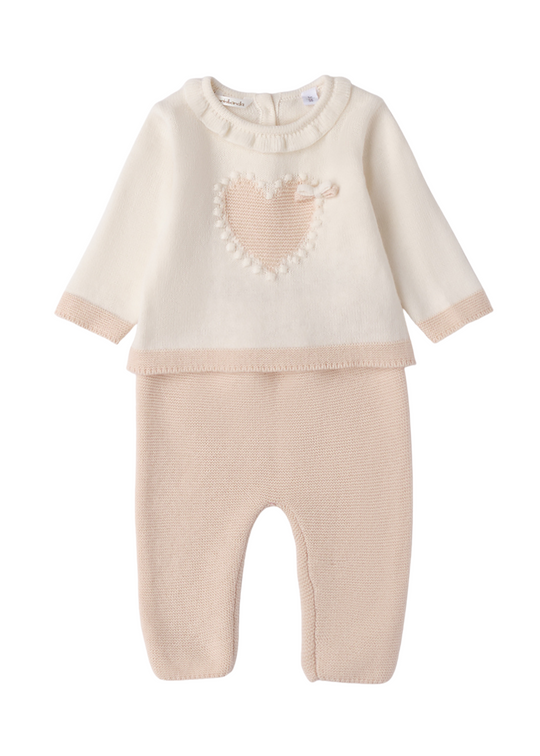 Set 2 Piese Tricotat Bluza Crem cu Inima si Pantaloni Lungi Bej 3.F761/00 Minibanda