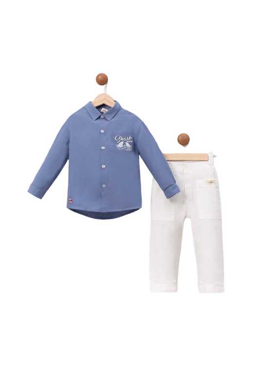 2 Piece Set Blue Long Sleeve Shirt and Cream Long Pants 3622 Mino Baby