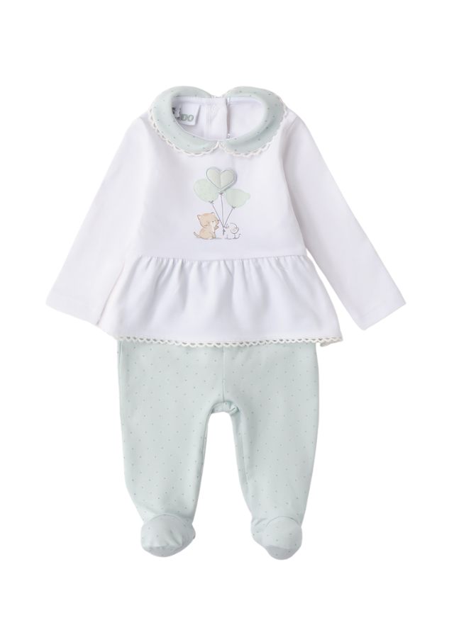 Set 2 Piese Pijamale Bluza Alba cu Pisica si Pantaloni Lungi Verzi cu Picouri 4.B078/00 iDO