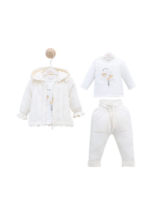 Set 3 Piese Tricotat Hanorac si Pantaloni Lungi Alb si Bluza Bumbac cu Paiete 8016 Leo King