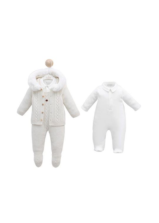 Set 3 Piese Salopeta Lunga Alba Tricotata si Cardigan cu Lana Merinos si Salopeta Bumbac 9337 Leo King