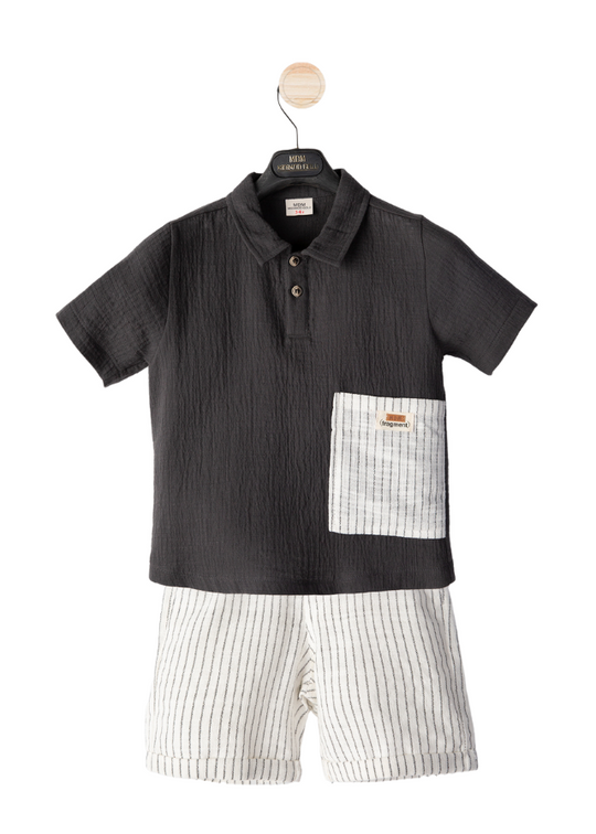 Set 2 Piese Bluza Muselina Gri cu Guler Polo si Pantaloni Scurti Albi cu Dungi M54168 Midimod Gold