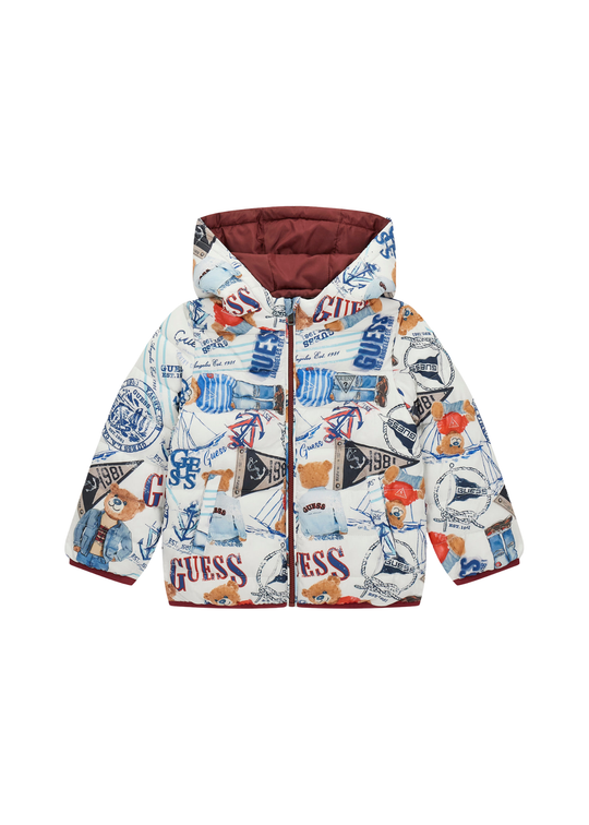 Geaca din Fas Matlasata Alb cu Grena Imprimeu Nautic N6RL00 WCFM2 P7HZ Guess