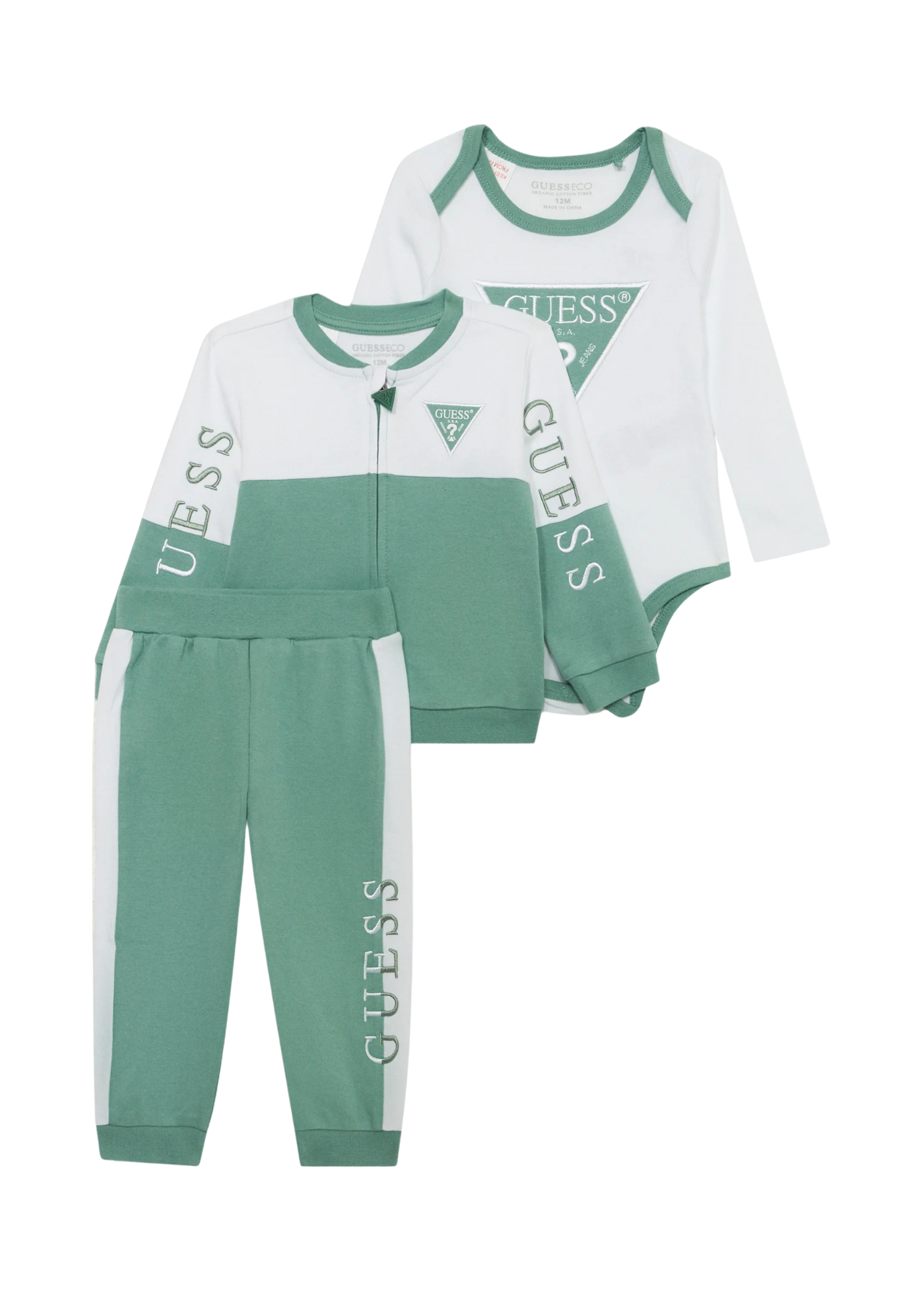 Trening 3 Piese Alb cu Verde Body Hanorac si Pantaloni H4YW00 KA6W4 F06F Guess