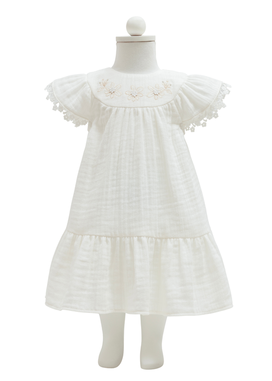Cream muslin dress with embroidery on the bust Smile art ELB2405 Mell Sweet Baby