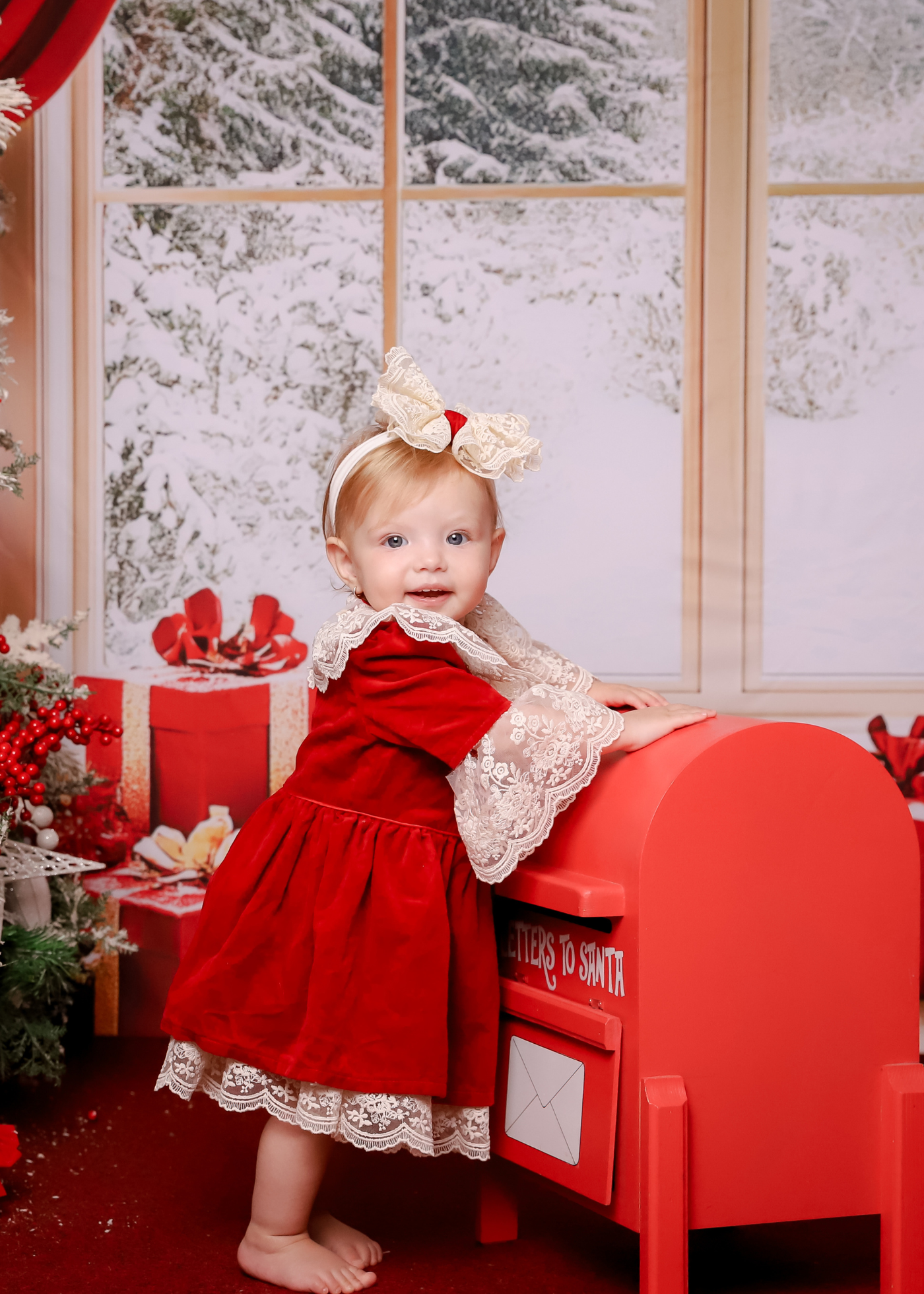 Red Velvet Dress with Ruffles and White Lace at the Neck and Sleeves AnneBebe