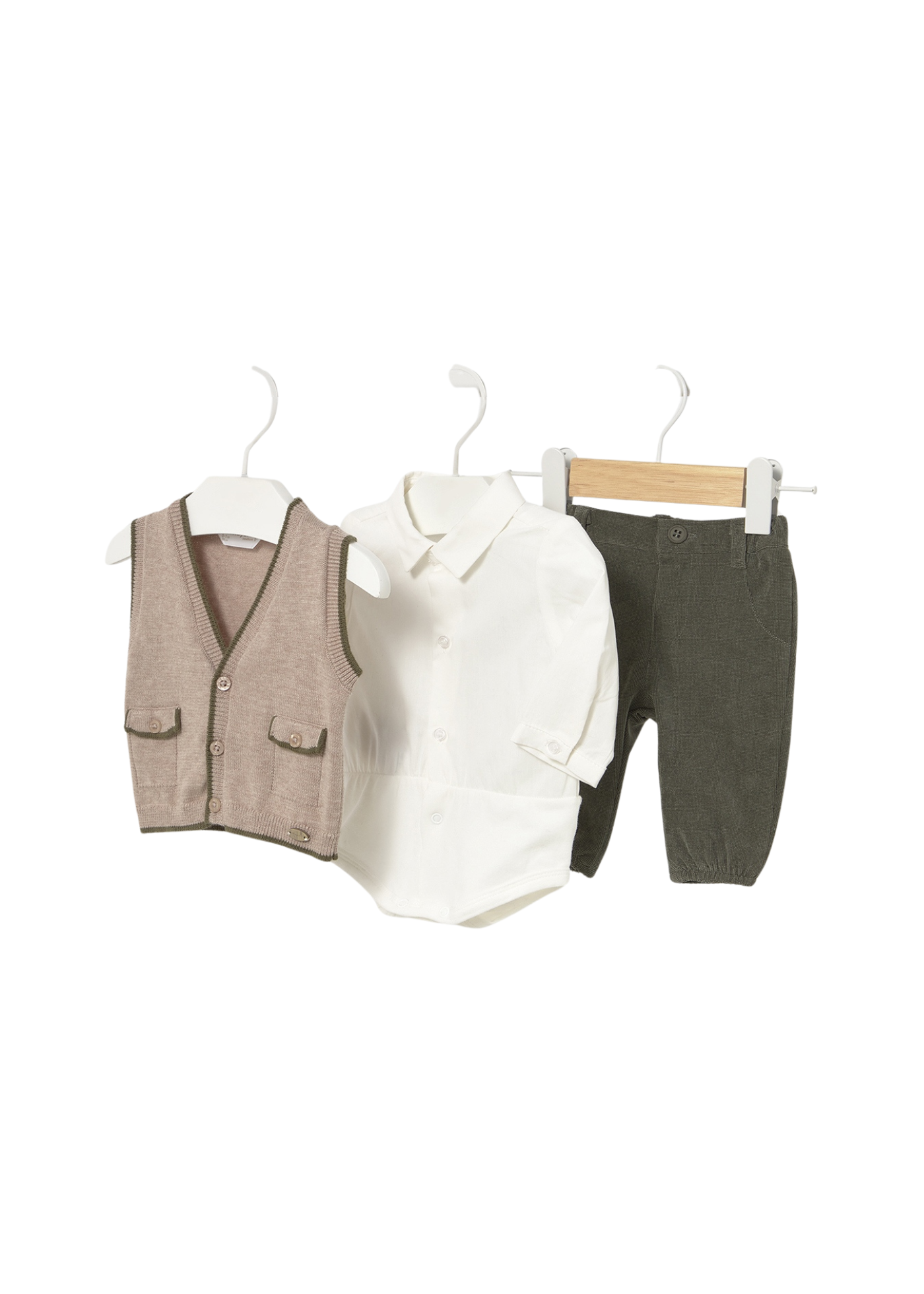 Set 3 Piese Vesta Tricotata Bej Pantaloni Lungi Verzi si Camasa Body Crem 2582 Mayoral
