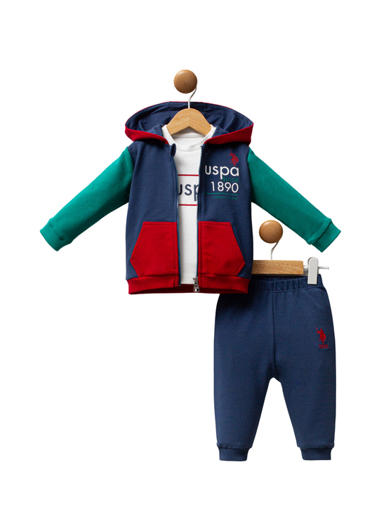 Trening 3 Piese Hanorac cu Gluga Bleumarin cu Verde si Rosu, Pantaloni Lungi Bleumarin si Bluza Crem USB2574 Us Polo Assn