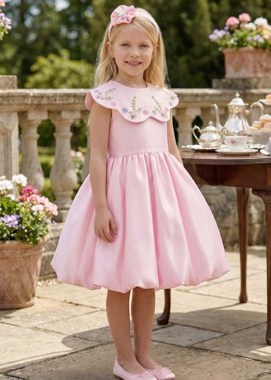 Rochie Ceremonie Saten Ivory cu Guler Broderie Flori 36281PR Pamina