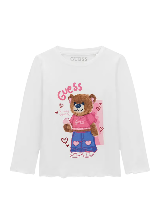Tricou cu Maneca Lunga Alb cu Imprimeu Ursulet pentru Fete K6YI11 – Guess