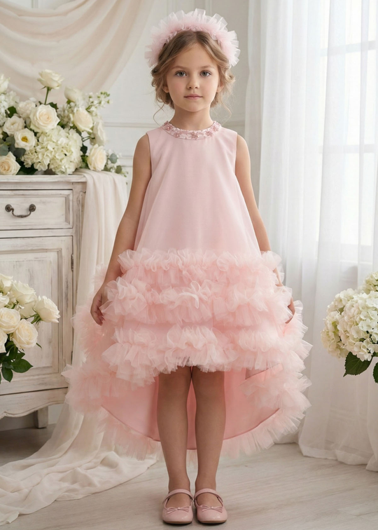 Rochie Ceremonie Roz Asimetrica cu Volane din Tulle 36423PR Pamina