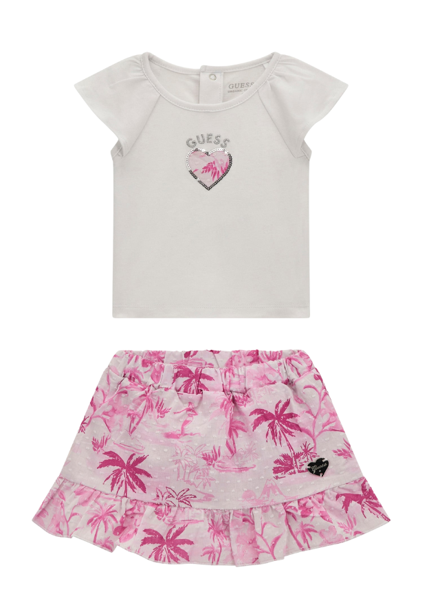 Set 2 Piese Tricou Crem si Fusta Roz cu Imrpimeu Palmieri A5GG18 K6YW4 G011 Guess