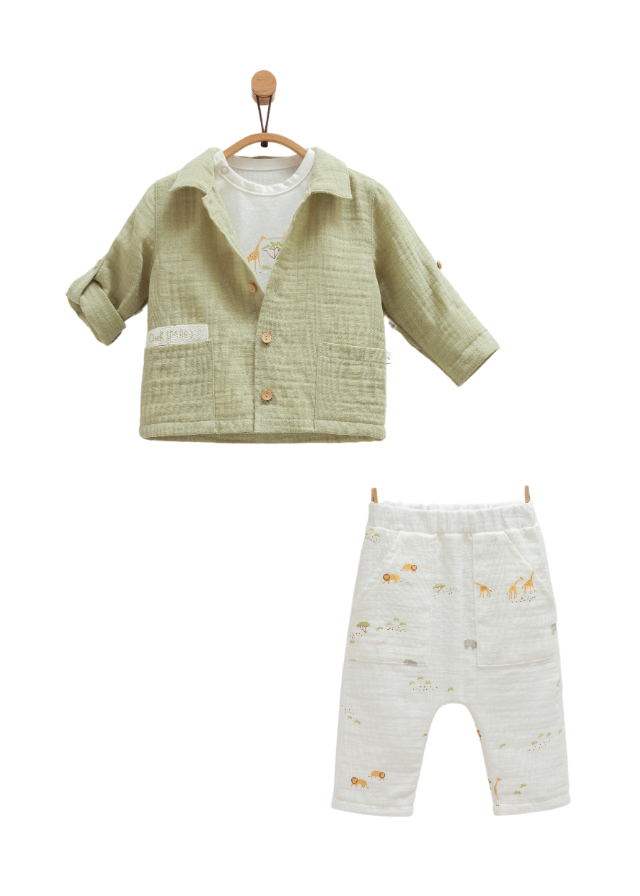 Set 3 Piese Camasa si Pantaloni din Muselina Verde cu Crem si Tricou Safari Time TKE1379 Mell Sweet Baby