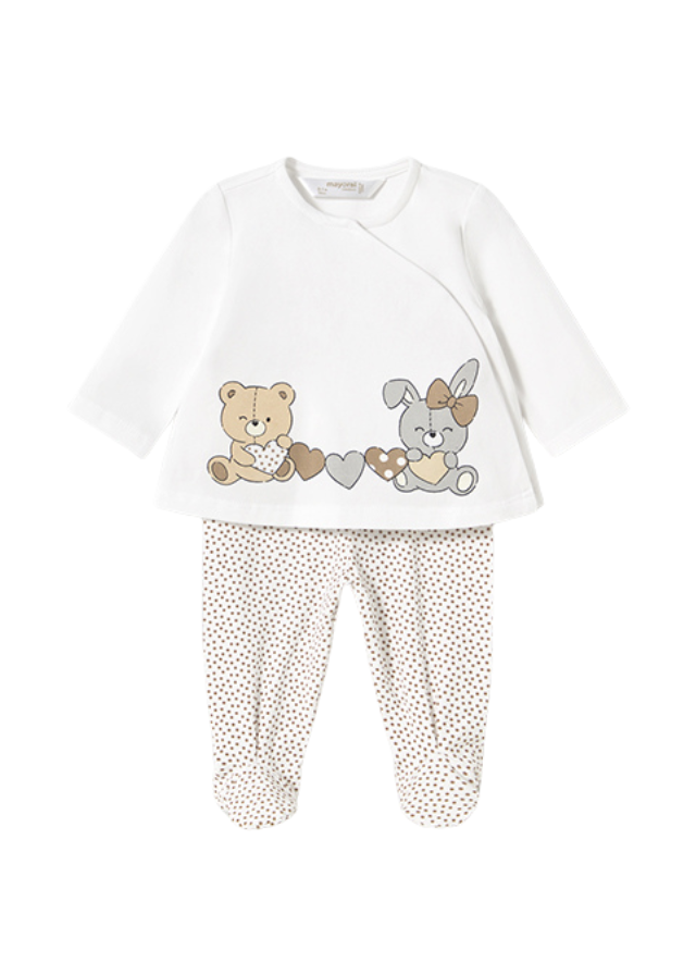 Set 2 Piese Pijama Bluza si Pantaloni Lungi Alb cu Bej cu Ursi 1588 Mayoral