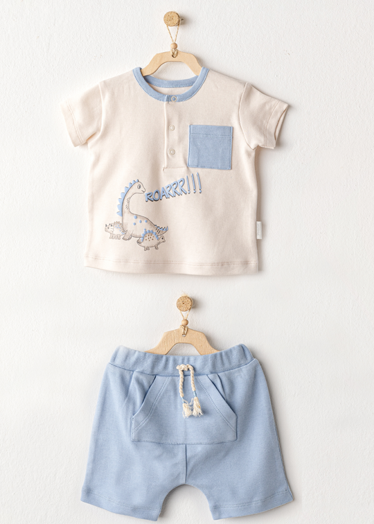 2-Piece Cream and Blue T-Shirt and Shorts Set with Dinosaurs AC25915 Andywawa