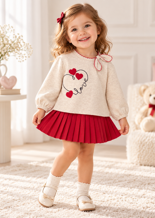 Set 2 Piese Bluza Bej cu Fusta Plisata Rosie pentru Fetite 2951 – Mayoral