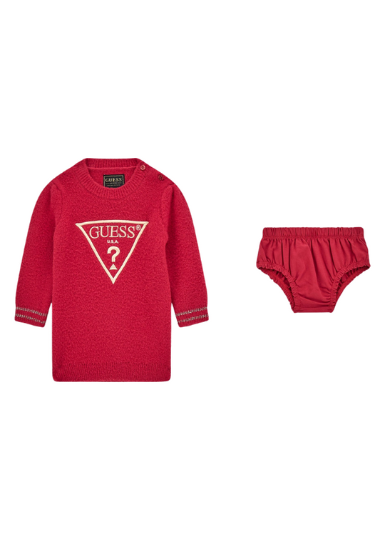 Red Long Sleeve Knitted Dress with White Logo and Panties A4BK02 Z3220 G6M6 Guess
