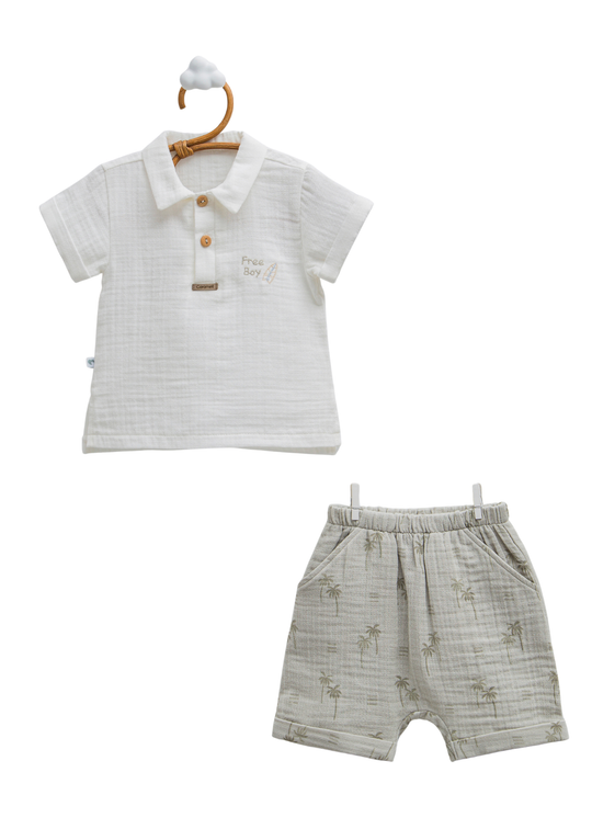 Set 2 Piese Muselina Tricou Polo Alb si Pantaloni Scurti Verzi Free Boy TKE1726 Mell Seet Baby