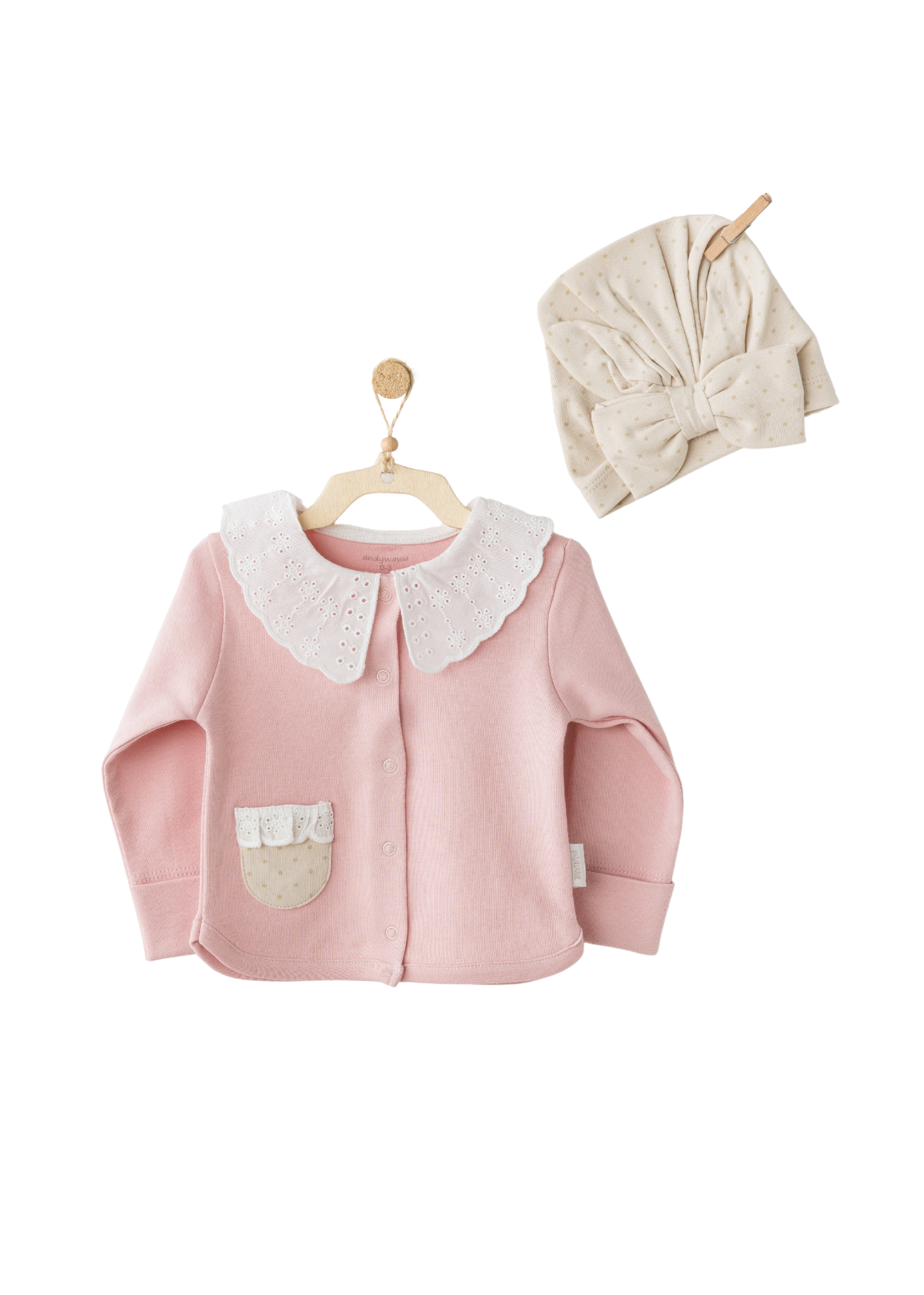 Set 3 Piese Bluza Roz cu Guler Broderie Bumbac Pantaloni Lungi Bej cu Picouri si Fes AC26044 Andywaw